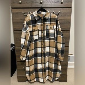 PUWEI Women's Casual Lapel Button Down Long Plaid Shirt Coat Tartan Shacket